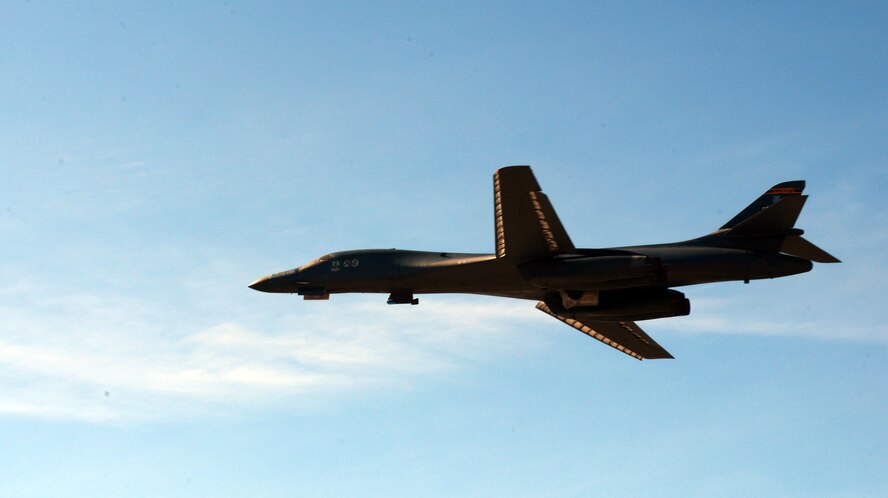 A B-1 bomber takes off from Ellsworth Air Force Base, S.D., March 14, 2017, as a part of exercise Combat Raider. The B-1 bomber has been a part of every large scale exercise since its arrival to Ellsworth in 1987. (U.S. Air Force photo by Airman 1st Class Donald C. Knechtel)