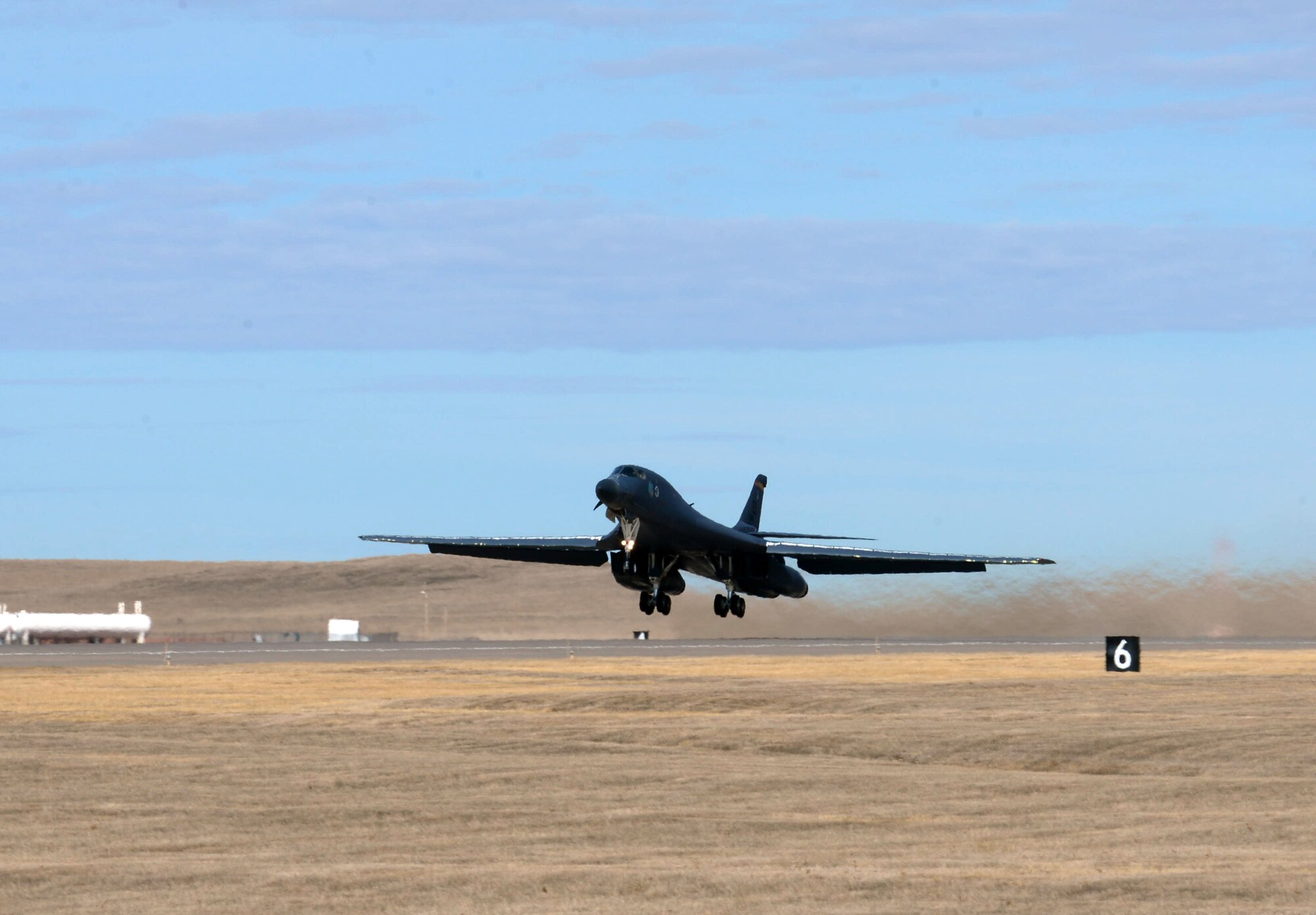 A B-1 bomber takes off as part of exercise Combat Raider at Ellsworth Air Force Base, S.D., March 15, 2017. The B-1 bomber is a four-engine supersonic heavy strategic bomber first envisioned in the 1960s as a replacement for the Boeing B-52 Stratofortress. (U.S. Air Force photo by Airman 1st Class Donald C. Knechtel)