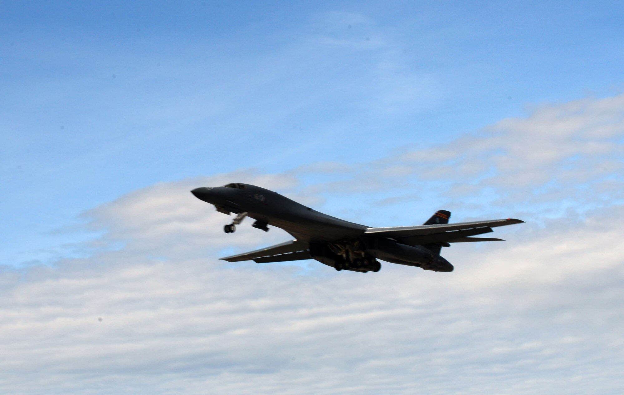 A B-1 bomber takes off to participate in exercise Combat Raider at the Powder River Training Complex near Belle Fourche, S.D., March 15, 2017. The purpose of the exercise is to test several agencies, cohesion and coordination with multiple aircraft flying to complete a scenario. (U.S. Air Force photo by Airman 1st Class Donald C. Knechtel)