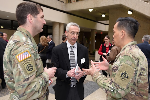 Brig. Gen. Mark Toy (Right), U.S. Army Corps of Engineers Great Lakes and Ohio River Division commander, and Lt. Col. Stephen Murphy, Nashville District commander, speak with Tom Denes, senior vice president of ARCADIS, an engineering company in Hanover, Md., during the First Annual Nashville District Small Business Opportunities Open House at Tennessee State University in Nashville, Tenn., March 16, 2017.