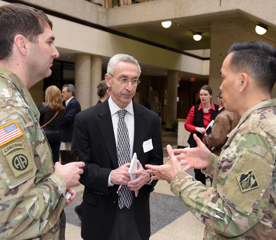 Brig. Gen. Mark Toy (Right), U.S. Army Corps of Engineers Great Lakes and Ohio River Division commander, and Lt. Col. Stephen Murphy, Nashville District commander, speak with Tom Denes, senior vice president of ARCADIS, an engineering company in Hanover, Md., during the First Annual Nashville District Small Business Opportunities Open House at Tennessee State University in Nashville, Tenn., March 16, 2017. 