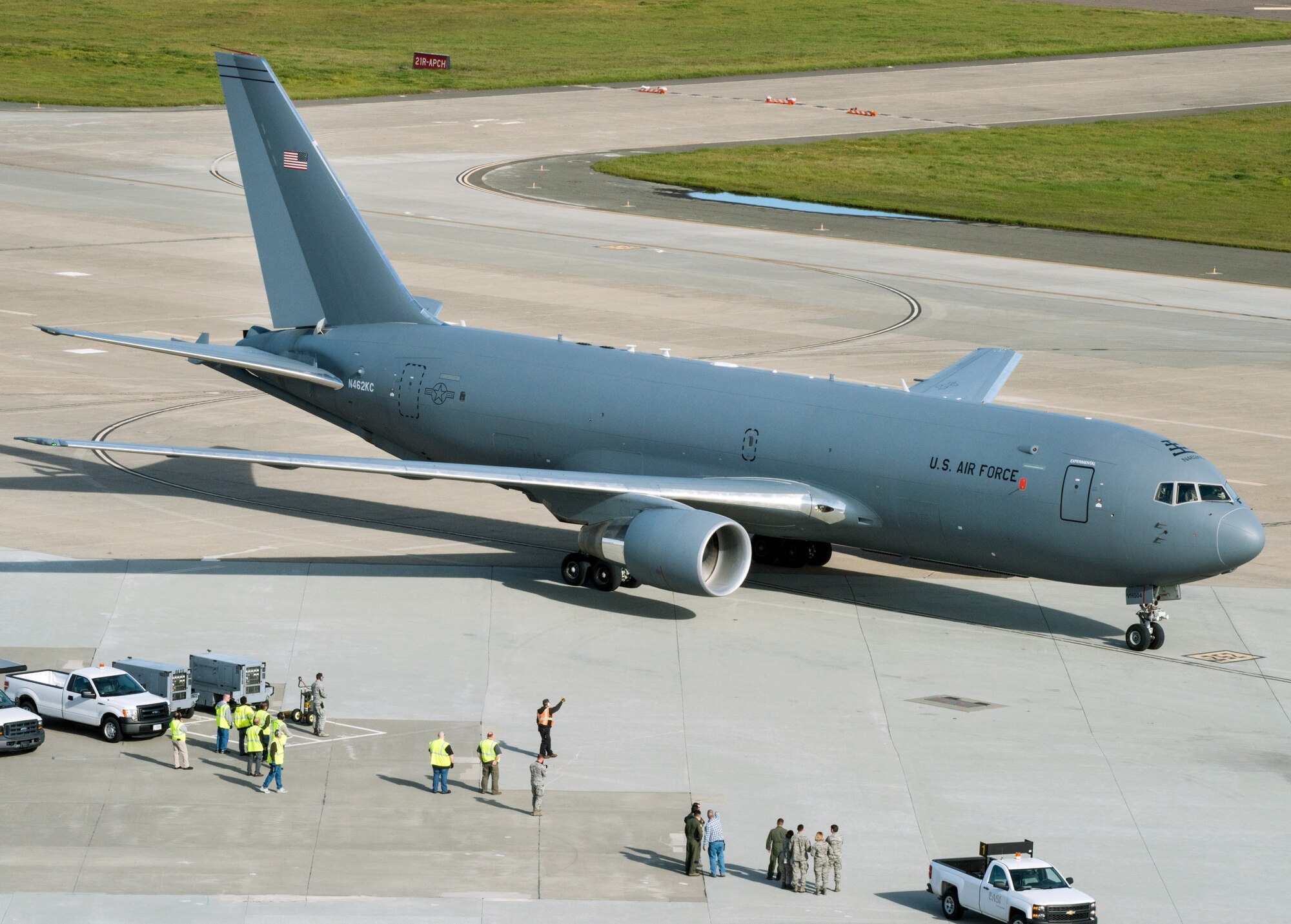 A Boeing KC-46A Pegasus arrives at Travis Air Force Base, Calif., Mar. 7, 2017. Travis was selected as a preferred location for the Air Force's newest refueling aircraft in January. This is the first time the aircraft has flown at an Air Mobility Command base and is scheduled to complete ground and flight testing during its time at Travis. (U.S. Air Force photo by Louis Briscese) 