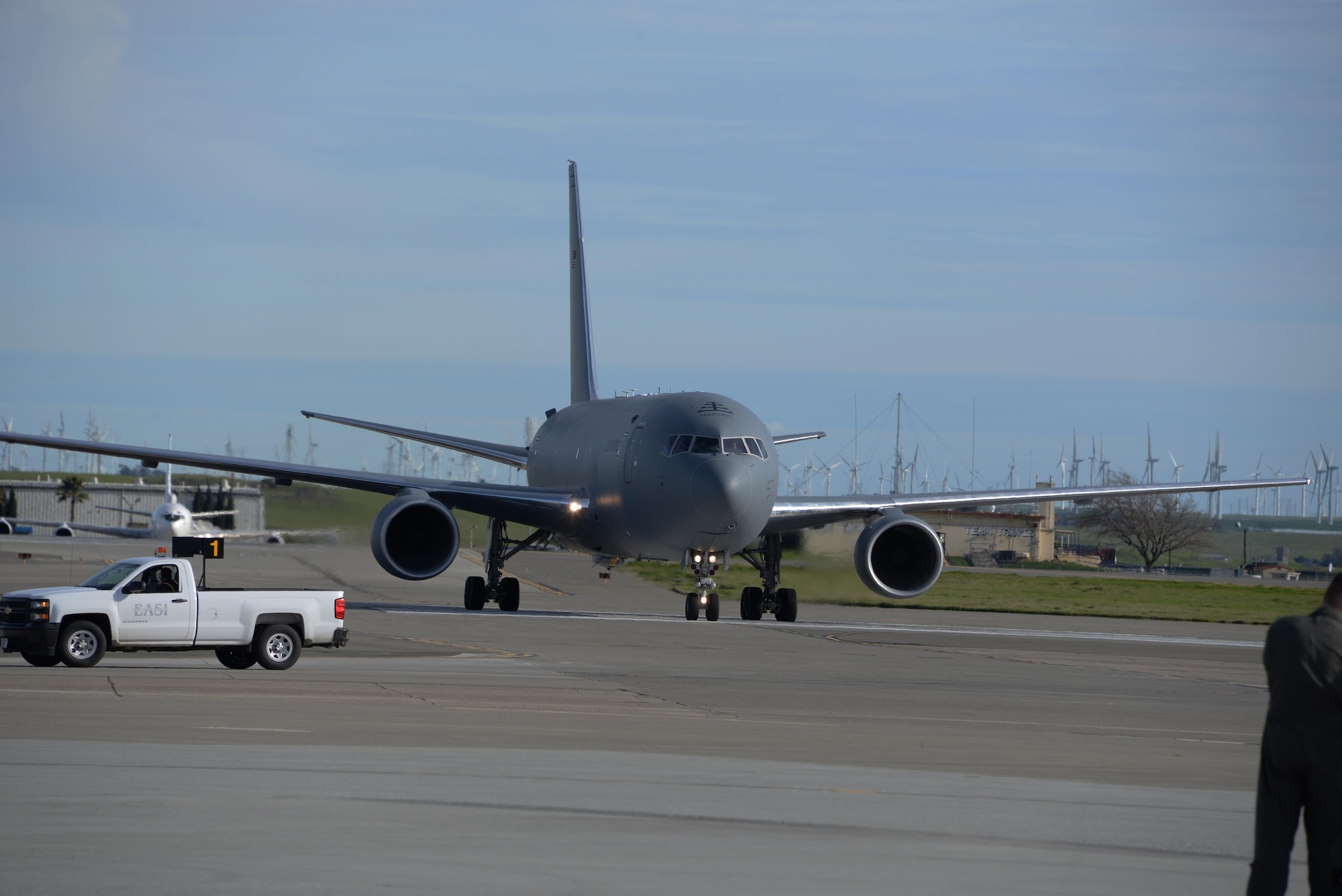 A KC-46A Pegasus taxis to its parking spot after landing at Travis Air Force Base, Calif., for the first time March 7, 2017. Travis was selected as a preferred location for the Air Force's newest refueling aircraft in January. The aircraft is scheduled to complete ground and air testing during its time at Travis. (U.S. Air Force photo by Tech. Sgt. James Hodgman) 