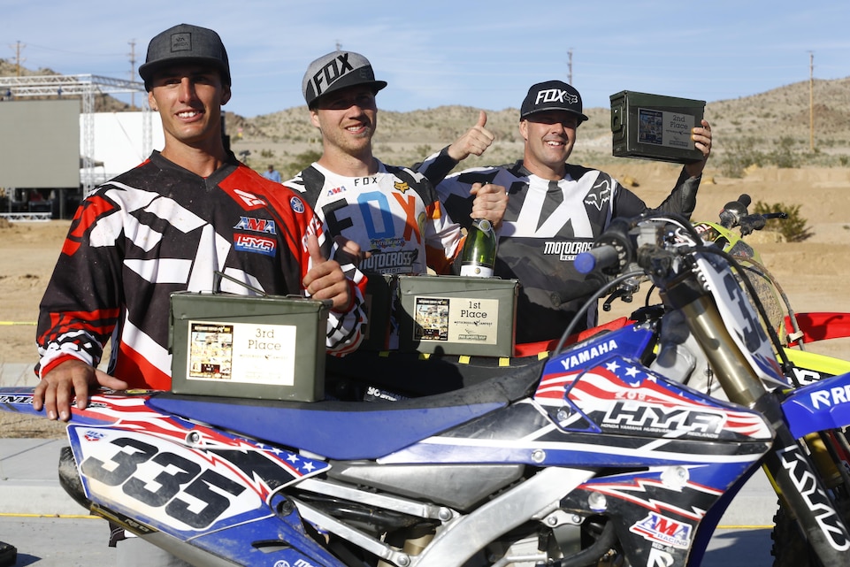 John Jelderda, Dennis Stapleton and Jeremy McCool, winners of the Motocross Jam Fest, proudly display their trophies at the conclusion of the event at 13th and Dunham aboard Marine Corps Air Ground Combat Center, Twentynine Palms, Calif., March 11, 2017. Marine Corps Community Services hosts the Motocross Jam Fest annually to provide Combat Center patrons with the opportunity to enjoy time out with their family and friends.  (U.S. Marine Corps photo by Lance Cpl. Natalia Cuevas)