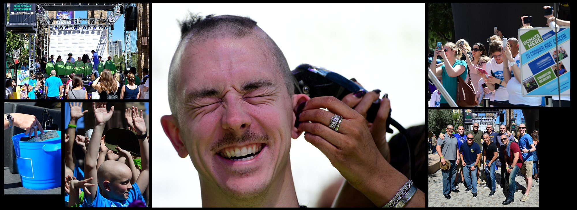Members of the 15th Attack Squadron get their heads shaved for a fundraiser March 11, 2017, in Las Vegas. The members shaved their heads to show support to children who have been diagnosed with cancer. (U.S. Air Force photo/Senior Airman Christian Clausen) 
