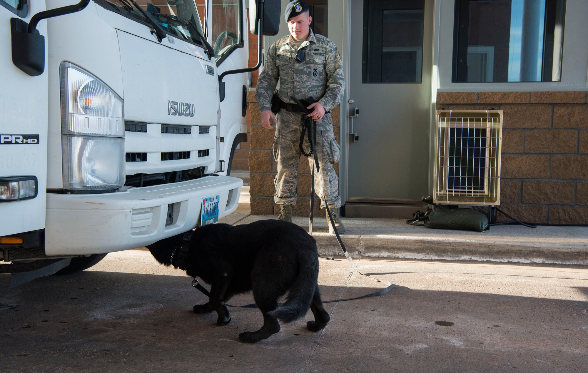 Senior Airman Christopher Alexander, 90th Security Forces Squadron military working dog handler, inspects a vehicle entering base with his MWD, Kormi, at F.E. Warren Air Force Base, Wyo., March 15, 2017. These highly trained dogs are used in patrol, drug and explosive detection, and other specialized functions supporting the bases mission. (U.S. Air Force photo by Staff Sgt. Christopher Ruano)