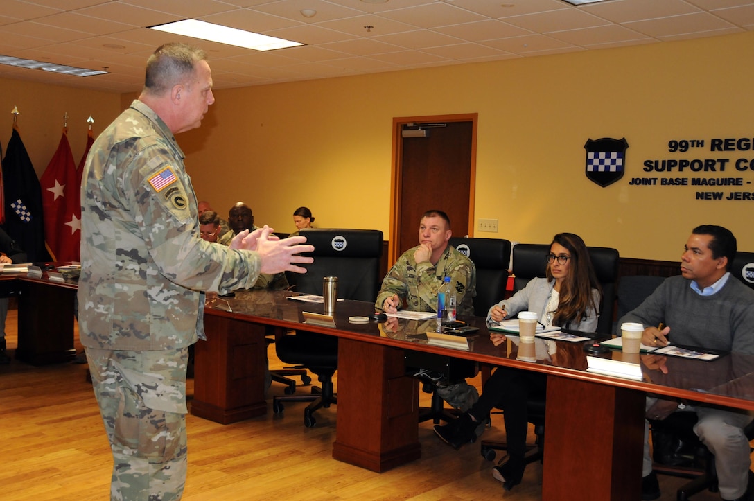 Maj. Gen. Scottie Dean Carpenter, commanding general of the U.S. Army Reserve’s 84th Training Command, briefs congressional staffers about WAREX 78-17-01 March 17at Joint Base McGuire-Dix-Lakehurst, New Jersey.  Warrior Exercises are designed to prepare units to be combat-ready by immersing them in scenarios where they train as they would fight.  Roughly 60 units from the U.S. Army Reserve, U.S. Army, U.S. Air Force and other components are participating in the WAREX.