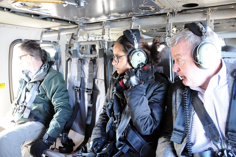 Sophia Lalani (middle), Defense and Foreign Policy advisor to U.S. Senator Cory Booker, participates in an aerial tour March 17 of Joint Base McGuire-Dix-Lakehurst, New Jersey.  The day was designed to show the various ranges and training sites of the joint base. Joint Base McGuire-Dix-Lakehurst is home to more than 80 mission partners who provide a wide range of combat capability.