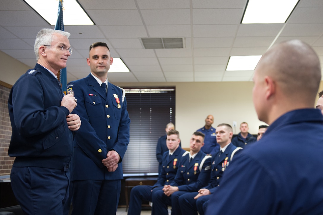 Air Force Gen. Paul J. Selva, vice chairman of the Joint Chiefs of Staff, speaks to members of the U.S. Coast Guard Ceremonial Honor Guard while visiting the men and women of the Telecommunication and Information Systems Command in Alexandria, Va., March 17, 2017. The command is the Coast Guard’s single provider of secure and innovative mission critical information systems infrastructure and computing services. DoD photo by Army Sgt. James K. McCann