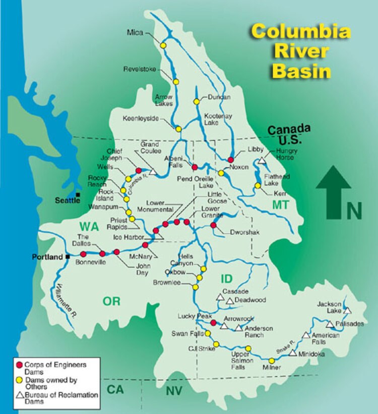 Rivers, Tributaries, and Dams in the Columbia River Basin