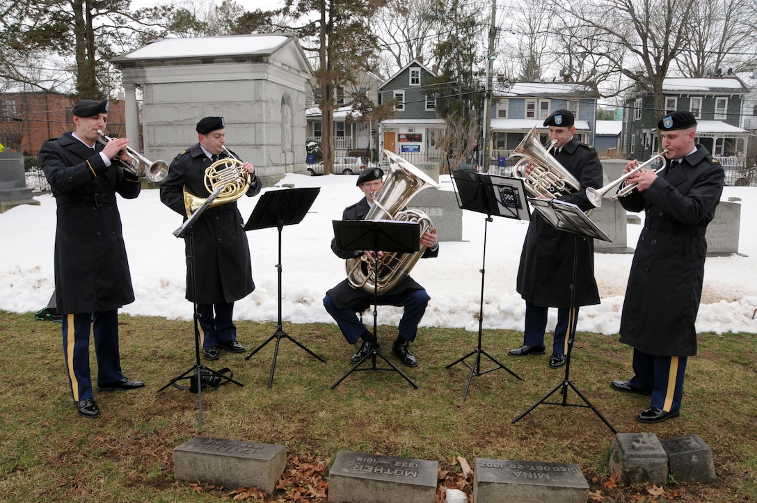 Soldiers from the U.S. Army Reserve’s 78th Army Band perform ceremonial music during the Presidential Wreath Laying event March 18 for President Grover Cleveland at Princeton Cemetery, New Jersey. Maj. Gen. Troy D. Kok, commanding general of the U.S. Army Reserve’s 99th Regional Support Command, hosted and spoke at the event along with New Jersey State Senator Christopher “Kip” Bateman, Princeton Mayor Liz Lempert, and Mr. Robert J. Maguire, civilian aide to the Secretary of the Army for New Jersey.