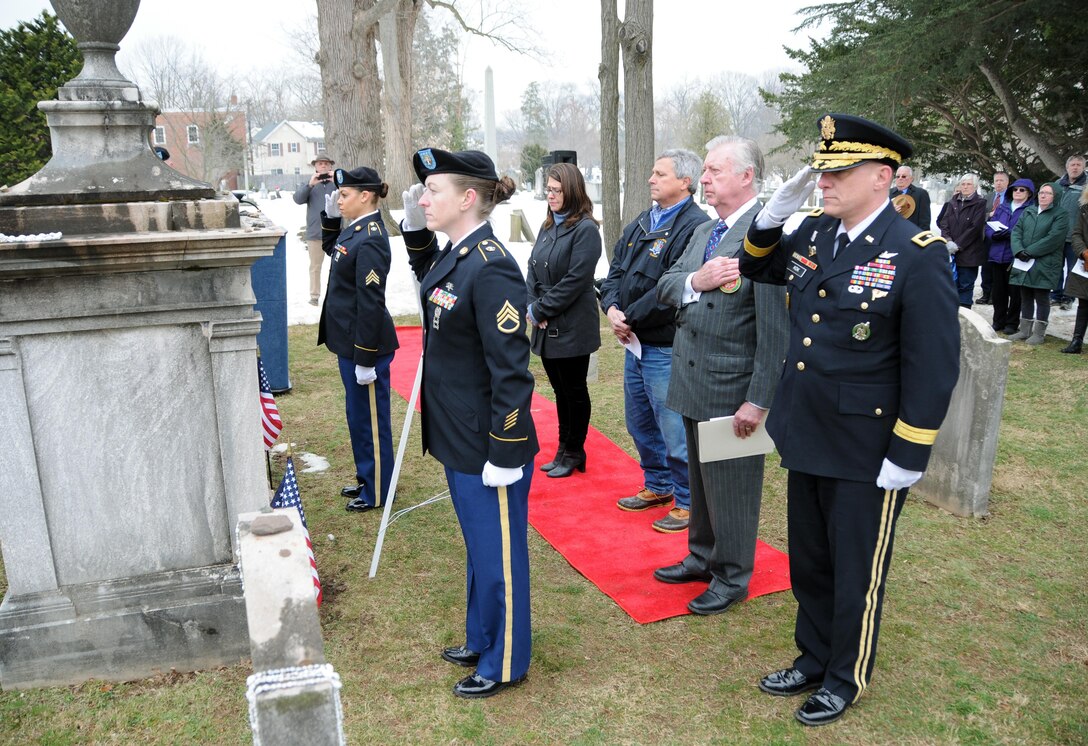 Maj. Gen. Troy D. Kok, commanding general of the U.S. Army Reserve’s 99th Regional Support Command (right), salutes during the playing of taps at the Presidential Wreath Laying event March 18 for President Grover Cleveland at Princeton Cemetery, New Jersey. Kok hosted and spoke at the event along with New Jersey State Senator Christopher “Kip” Bateman, Princeton Mayor Liz Lempert, and Mr. Robert J. Maguire, civilian aide to the Secretary of the Army for New Jersey.
