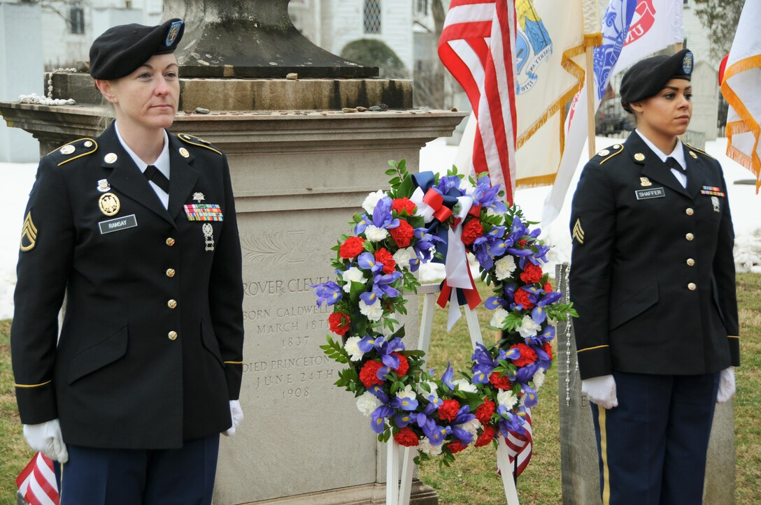 Staff Sgt. Amy Ramsay (left) and Sgt. Maurissa Shaffer of the U.S. Army Reserve’s 99th Regional Support Command participate in the Presidential Wreath Laying event March 18 for President Grover Cleveland at Princeton Cemetery, New Jersey. Maj. Gen. Troy D. Kok, commanding general of the U.S. Army Reserve’s 99th Regional Support Command, hosted and spoke at the event along with New Jersey State Senator Christopher “Kip” Bateman, Princeton Mayor Liz Lempert, and Mr. Robert J. Maguire, civilian aide to the Secretary of the Army for New Jersey.