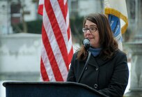 Princeton Mayor Liz Lempert delivers remarks during the Presidential Wreath Laying event March 18 for President Grover Cleveland at Princeton Cemetery, New Jersey. Maj. Gen. Troy D. Kok, commanding general of the U.S. Army Reserve’s 99th Regional Support Command, hosted and spoke at the event along with New Jersey State Senator Christopher “Kip” Bateman, Lempert, and Mr. Robert J. Maguire, civilian aide to the Secretary of the Army for New Jersey.