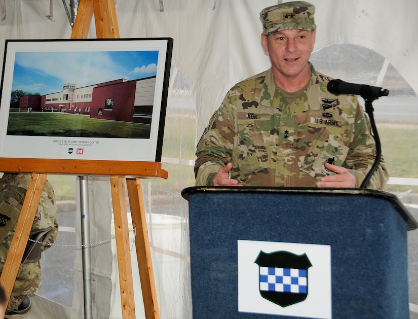 Maj. Gen. Troy D. Kok, commanding general of the U.S. Army Reserve’s 99th Regional Support Command, delivers remarks during a groundbreaking ceremony March 18 for a new Army Reserve Center on Joint Base McGuire-Dix-Lakehurst, New Jersey. The $20 million, state-of-the-art facility will offer the latest in training and administrative resources to include classrooms, a learning center, a library and a weapons simulator. The 87,000-square-foot training center is scheduled to be home to approximately 600 Army Reserve Soldiers in 15 units and detachments currently occupying a dozen base facilities.