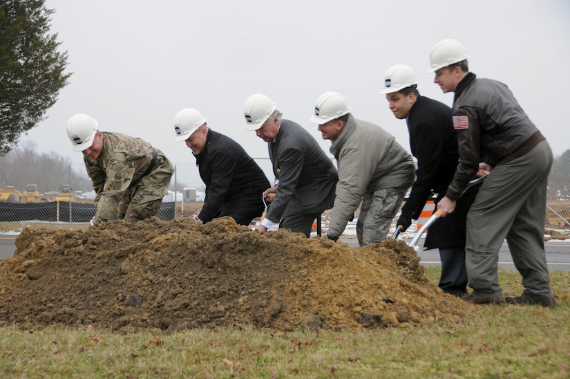 The U.S. Army Reserve marked another milestone in helping its Soldiers remain a trained and ready part of the Total Force by breaking ground March 18 on a new Army Reserve Center at Joint Base McGuire-Dix-Lakehurst, New Jersey. Pictured from left are: Maj. Gen. Troy D. Kok, commanding general of the U.S. Army Reserve’s 99th Regional Support Command; U.S. Representative Tom MacArthur, representing New Jersey’s 3rd Congressional District; Mr. Robert J. Maguire, civilian aide to the Secretary of the Army for New Jersey; Col. Frederick D. Thaden, commander of JBMDL; Mr. Richard Locklear from the office of U.S. Senator Bob Menendez; and Navy Captain Christopher Bergen, commander of Naval Support Activity Lakehurst and deputy commander of JBMDL.