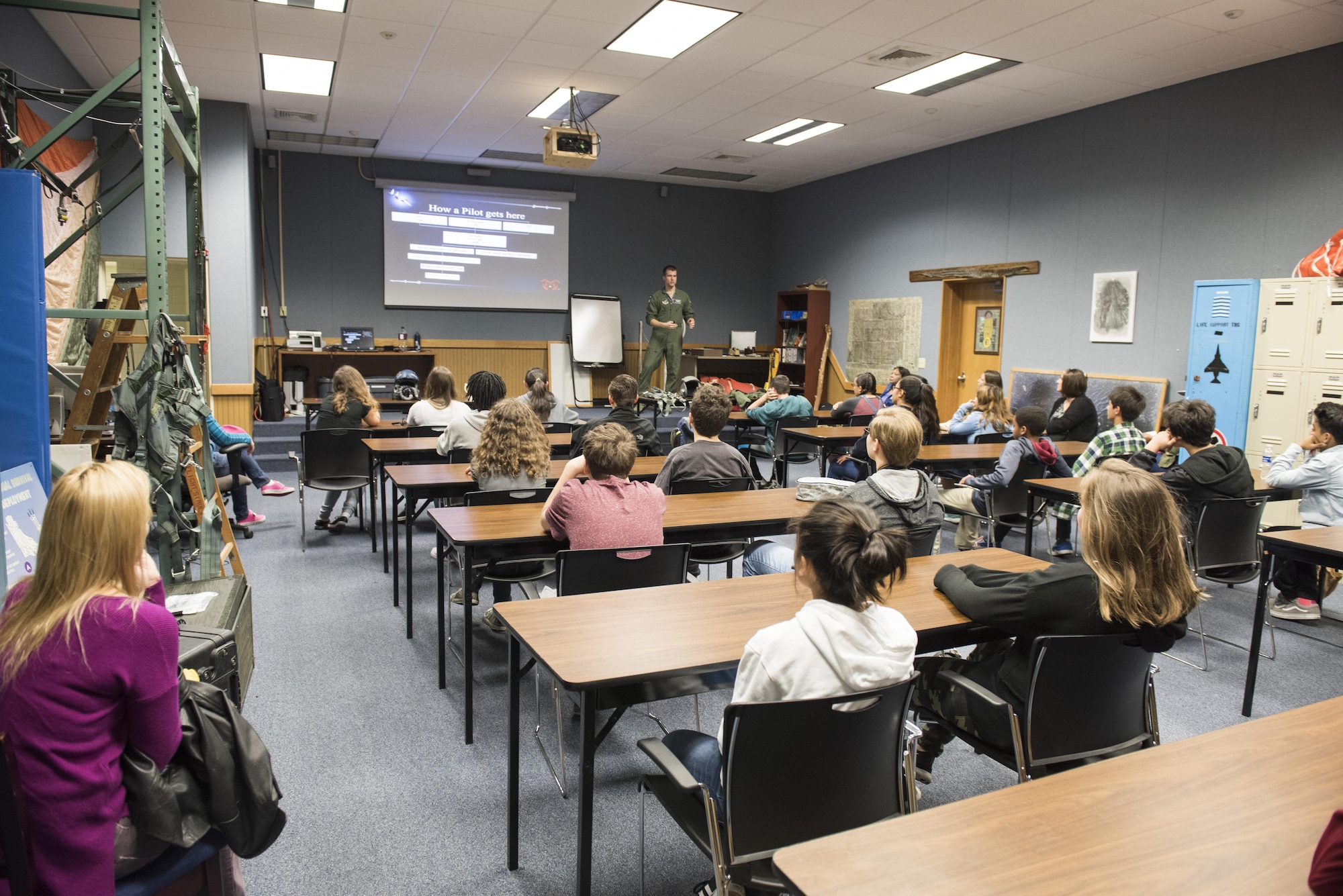 Kadena Middle School students listen to a lecture on F-15 Eagle history during a Science, Technology, Engineering and Math tour at the 18th Operations Support Squadron March 3, 2017, at Kadena Air Base, Japan. Students learned about how STEM is used every day at Kadena AB.  (U.S. Air Force photo by Senior Airman Omari Bernard)