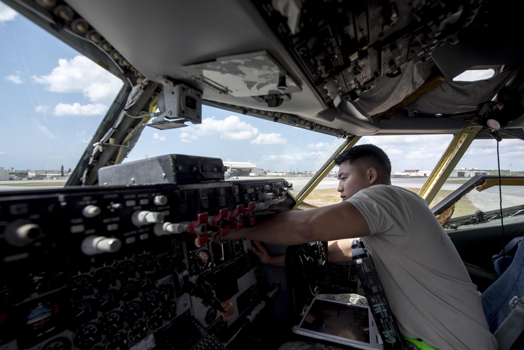 U.S. Air Force Airman 1st Class Ryan Celestino, 909th Aircraft Maintenance Unit instrument and flight control systems journeyman, removes and replaces a digital speed indicator from the dashboard of a KC-135R March 15, 2017, at Kadena Air Base, Japan. Maintainers from the 909th AMU ensure that the KC-135Rs in their care are operational and mission ready.  (U.S. Air Force photo by Senior Airman Omari Bernard)