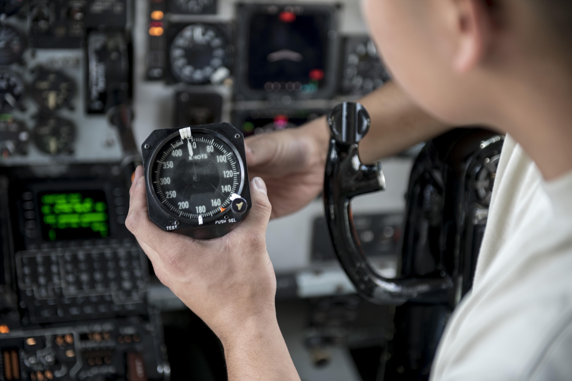 U.S. Air Force Airman 1st Class Ryan Celestino, 909th Aircraft Maintenance Unit instrument and flight control systems journeyman, inspects the digital speed indicator of a KC-135R March 15, 2017, at Kadena Air Base, Japan. Instrument and flight control systems Airmen constantly fix and repair instruments on aircraft to ensure safety. (U.S. Air Force photo by Senior Airman Omari Bernard)