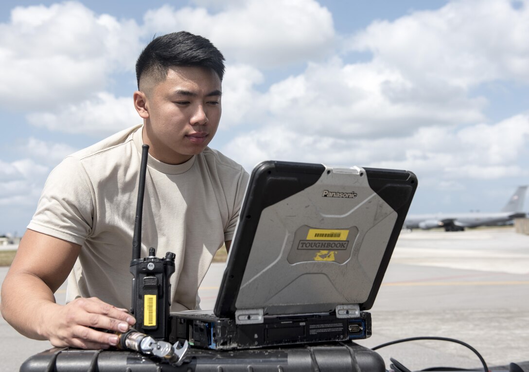 U.S. Air Force Airman 1st Class Ryan Celestino, 909th Aircraft Maintenance Unit instrument and flight control systems journeyman, reviews training orders while performing maintenance on a KC-135R March 15, 2017, at Kadena Air Base, Japan. Maintainers constantly check and use their training orders to properly maintain aircraft.  (U.S. Air Force photo by Senior Airman Omari Bernard)