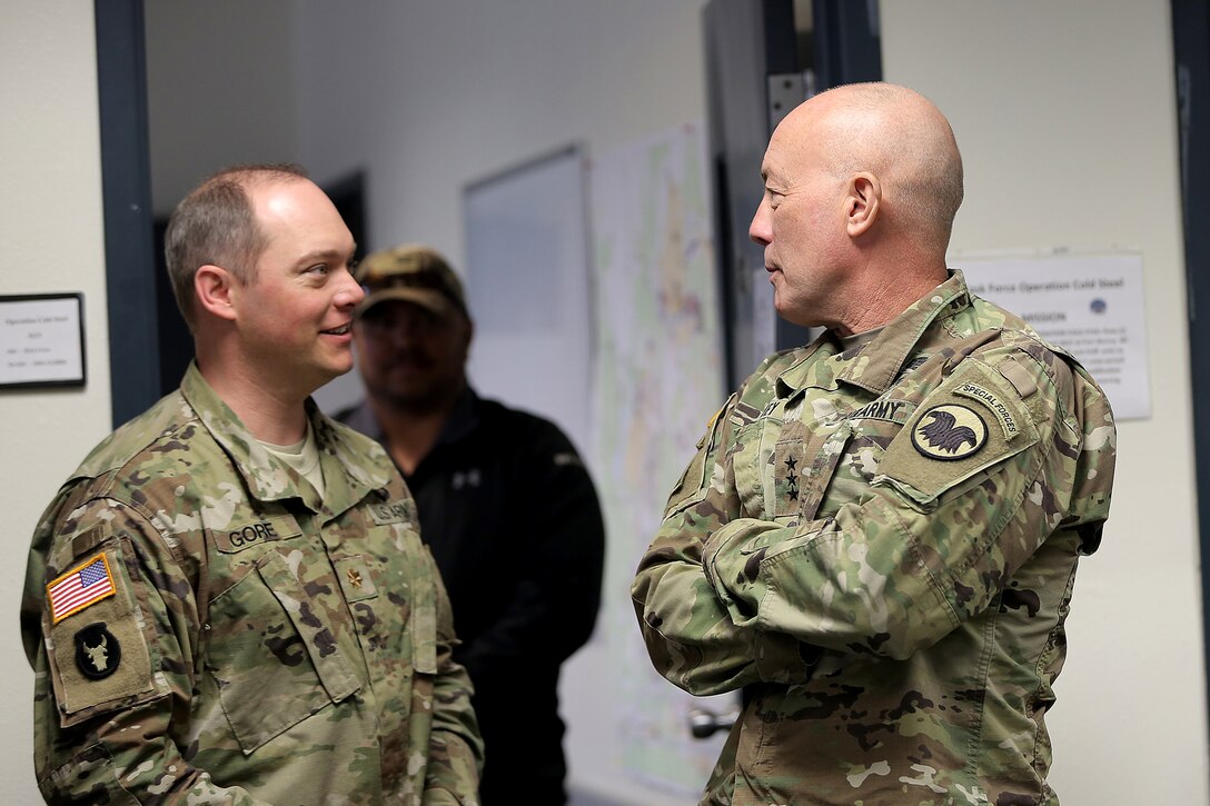 Maj. Ryan Gore, left, 86th Training Division and Operation Coldsteel Operations Officer, meets briefly with LTG Charles Luckey, Commanding General, U.S. Army Reserve, during Operation Cold Steel at Fort McCoy, Wisconsin, Mar. 18, 2017. Operation Cold Steel is the U.S. Army Reserve’s crew-served weapons qualification and validation exercise to ensure that America’s Army Reserve units and Soldiers are trained and ready to deploy on short-notice and bring combat-ready and lethal firepower in support of the Army and joint partners anywhere in the world. This was Luckey’s second visit in reviewing the development of troop readiness training there.
(U.S. Army Reserve photo by Master Sgt. Anthony L. Taylor)