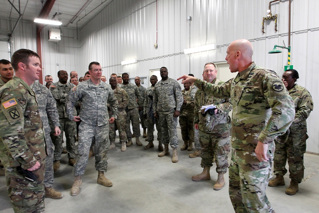 LTG Charles Luckey, right, Commanding General, U.S. Army Reserve, yells out his signature phrase “Keep Pounding!” to the first crews that qualified during Operation Cold Steel in a second visit to the exercise at Fort McCoy, Wisconsin, Mar. 18, 2017. Operation Cold Steel is the U.S. Army Reserve’s crew-served weapons qualification and validation exercise to ensure that America’s Army Reserve units and Soldiers are trained and ready to deploy on short-notice and bring combat-ready and lethal firepower in support of the Army and joint partners anywhere in the world. 475 crews with an estimated 1,600 Army Reserve Soldiers will certify in M2, M19 and M240 Bravo gunner platforms.
(U.S. Army Reserve photo by Master Sgt. Anthony L. Taylor)