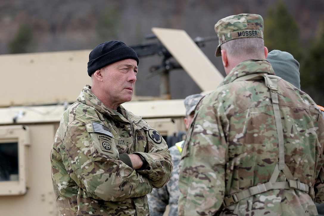 LTG Charles Luckey, left, Commanding General, U.S. Army Reserve, converses with Brig.Gen. Gregory Mosser, Commander, 364th Sustainment Command (Expeditionary) during Operation Cold Steel at Fort McCoy, Wisconsin, Mar. 18, 2017. Operation Cold Steel is the U.S. Army Reserve’s crew-served weapons qualification and validation exercise to ensure that America’s Army Reserve units and Soldiers are trained and ready to deploy on short-notice and bring combat-ready and lethal firepower in support of the Army and joint partners anywhere in the world. This was Luckey’s second visit in reviewing the development of troop readiness training there.
(U.S. Army Reserve photo by Master Sgt. Anthony L. Taylor)