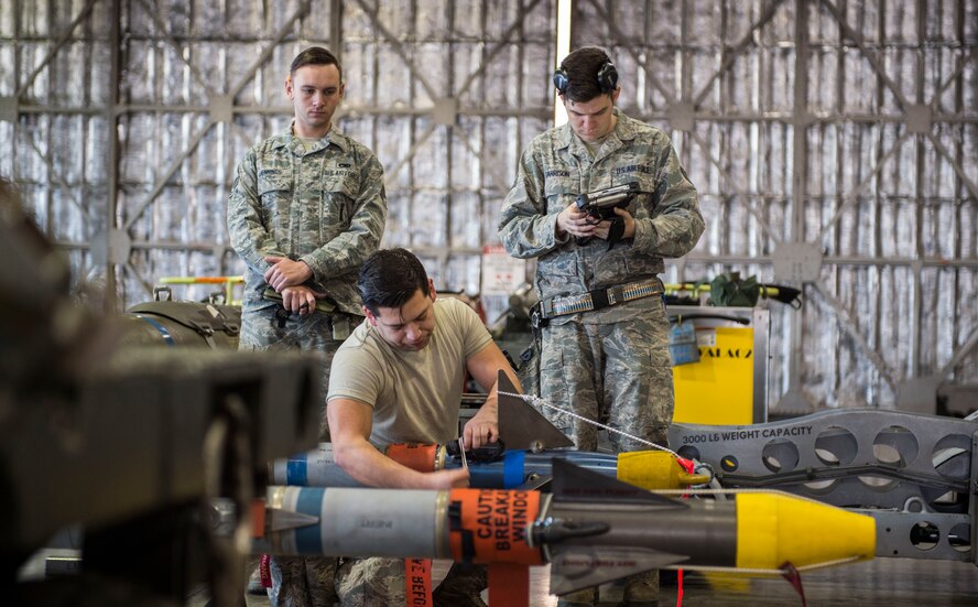 U.S. Air Force Senior Airman Jacob D. Jennings, left, a 35th Maintenance Group weapons evaluator, watches Senior Airman Paul Uribe, center, a 13th Aircraft Maintenance Squadron load crew member prepare an AIM-9 sidewinder as Staff Sgt. Daniel Garrison, right, a 13th Aircraft Maintenance Squadron weapons load crew team chief, reviews checklist at Misawa Air Base, Japan, Feb. 28, 2017.  Misawa commitment to enhancing stability in the Indo-Asia-Pacific region by promoting security, cooperation, deterring aggression, with continued partnership, presence and military readiness. (U.S. Air Force photo by Tech. Sgt. Araceli Alarcon)