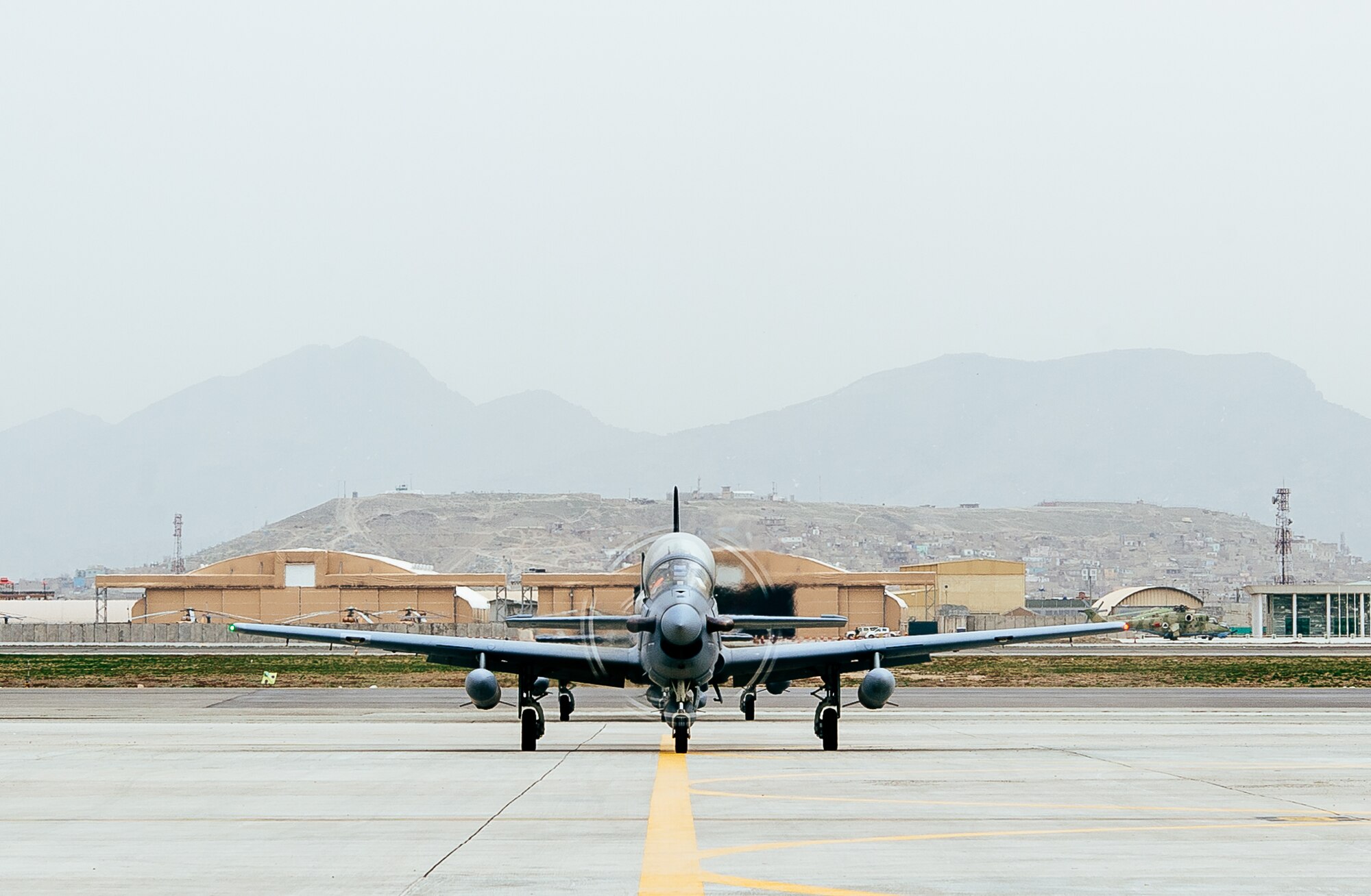 Four A-29 Super Tucanos arrive in Kabul, Afghanistan, March 20, 2017, before the beginning of the 2017 fighting season. The aircraft will bolster the Afghan Air Force's inventory from eight to 12 A-29s in country. Airmen from Train, Advise, Assist Command-Air, as part of Resolute Support Mission, work in tandem with their Afghan counterparts fostering a working relationship and fortifying confidence in the mission. (U.S. Air Force photo by Senior Airman Jordan Castelan)