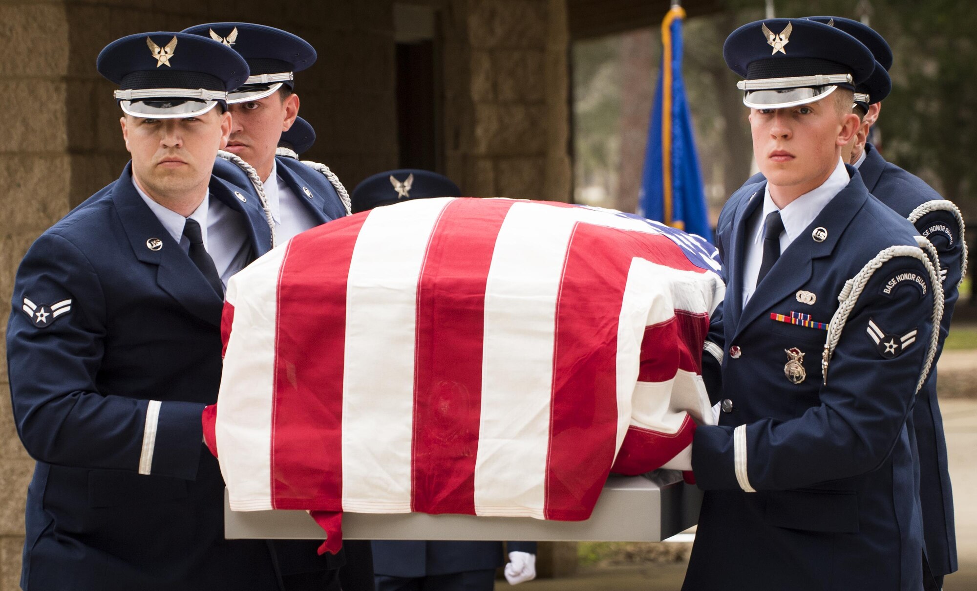 Honor Guard pall bearers begin their march forward carrying the casket during the unit’s graduation ceremony at Eglin Air Force Base, Fla., March 1.  Approximately 12 new Airmen graduated from the 120-plus-hour course. The graduation performance includes flag detail, rifle volley, pall bearers and bugler for friends, family and unit commanders. (U.S. Air Force photo/Samuel King Jr.)