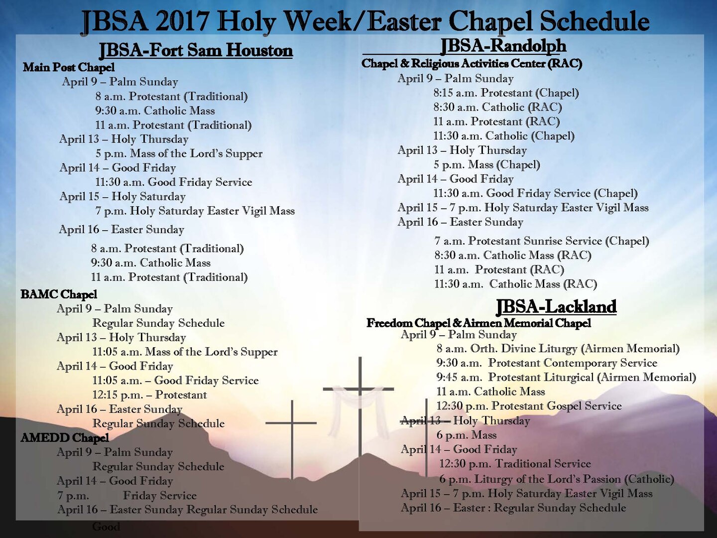 Joint Base San Antonio 2017 Holy Week/Easter Chapel Schedule
