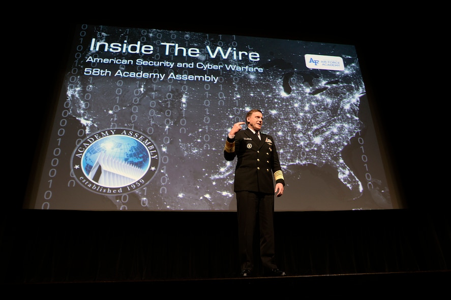 Adm. Mike Rogers, director of the National Security Agency, commander of U.S. Cyber Command commander and chief of the Central Security Service, speaks at the Academy Assembly March 15, 2017, at the U.S. Air Force Academy. The assembly is an annual conference led by undergraduates and organized by the Academy's Political Science Department. (U.S. Air Force photo/Mike Kaplan)  

