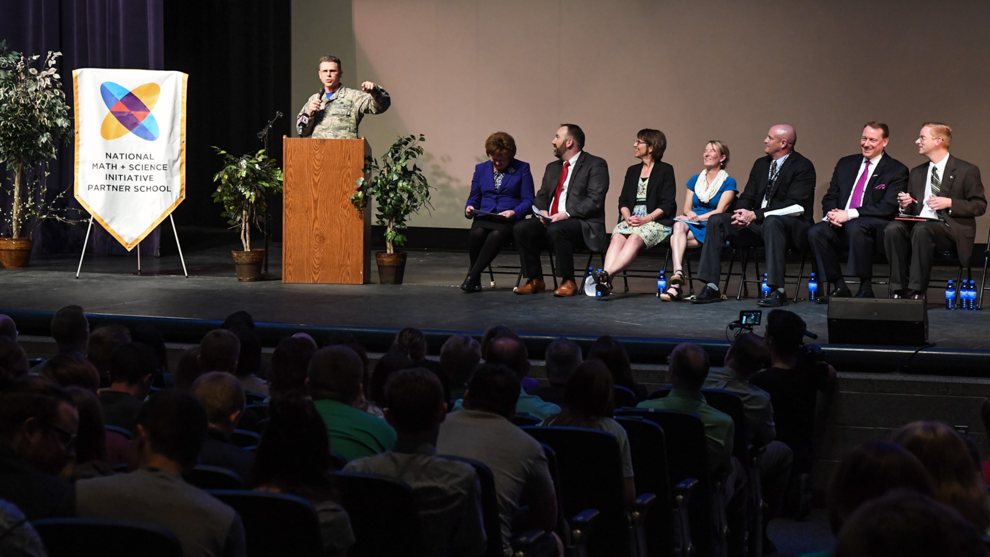 Brig. Gen. Steven Bleymaier, commander of Hill's Odgen Air Logistics Complex, speaks during a National Math + Science Initiative funding presentation at Syracuse High School, Utah, March 17, 2017. This is the first time NMSI has funded students in Utah. The majority of the investment will fund NMSI College Readiness Programs at Northridge and Syracuse High Schools. (U.S. Air Force photo/ R. Nial Bradshaw)
