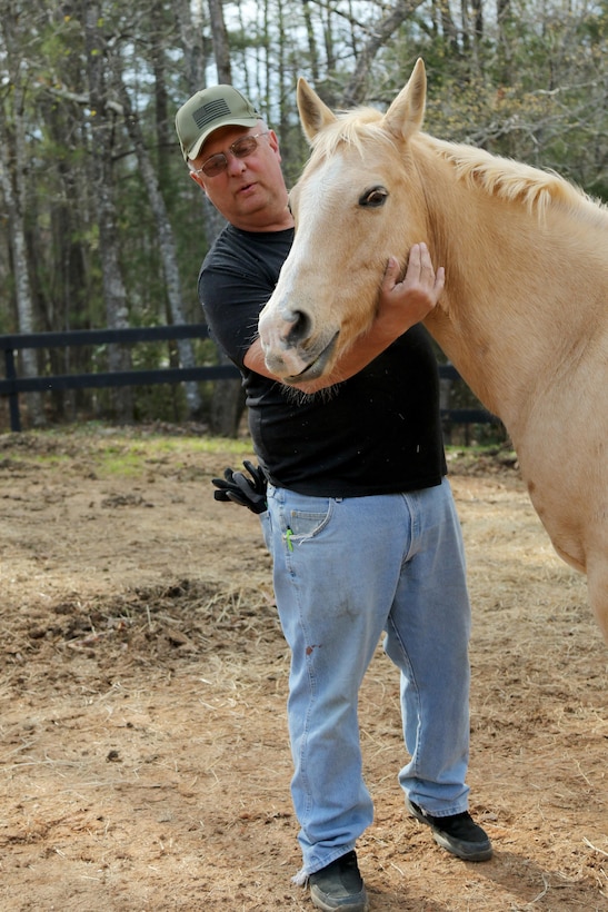 Retired Army Command Sgt. Maj. Sam Rhodes was diagnosed with post-traumatic stress disorder after serving 30-straight months in Iraq starting in 2003. Upon returning home, he discovered that horses helped him regroup. Now, he runs a nonprofit organization, the Warrior Outreach Ranch, which helps veterans and their families reconnect and relax by learning to deal with horses. Army Reserve photo by Maj. Michelle Lunato