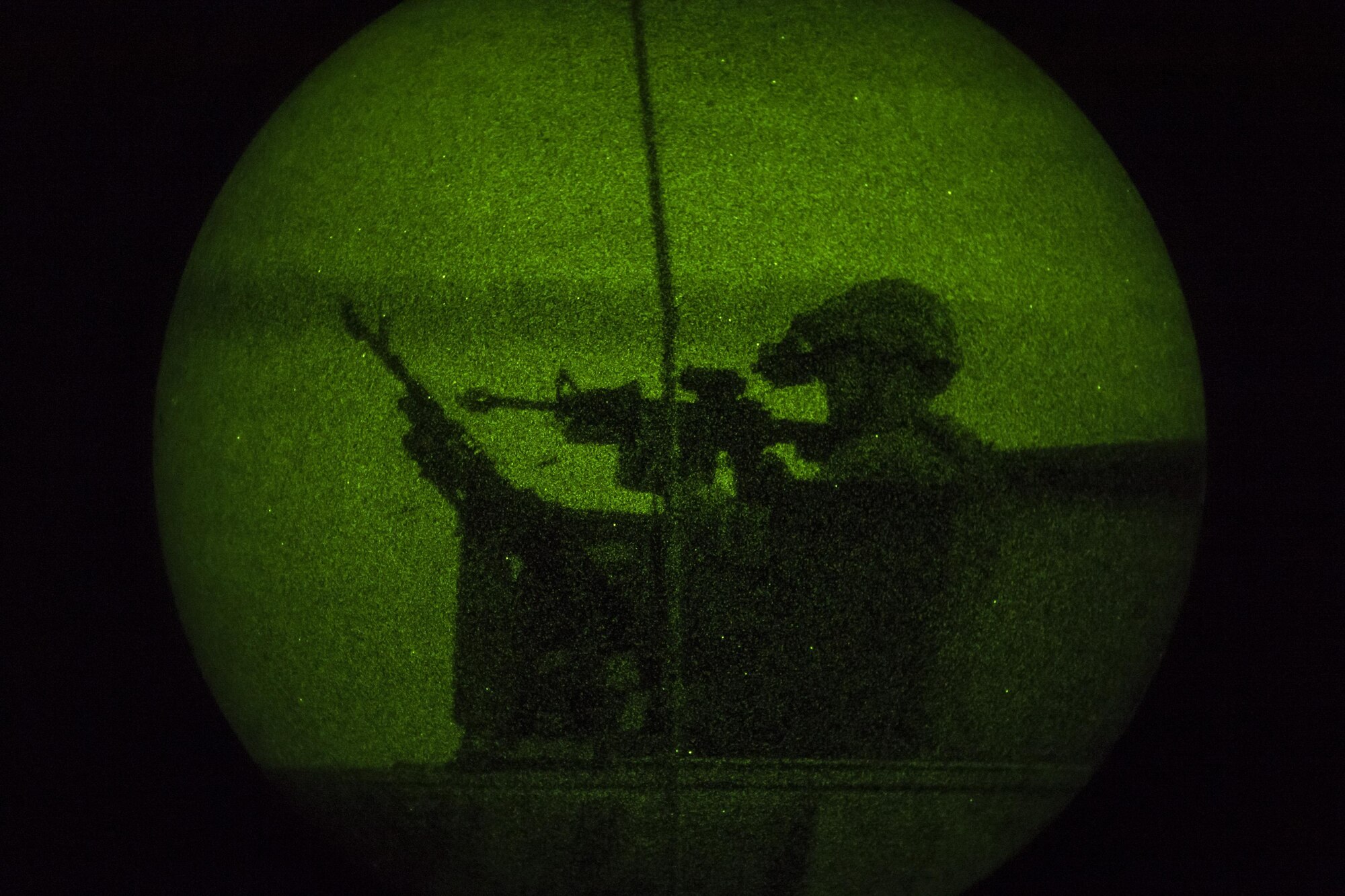 An Airman returns fire at oppositional forces during a Mission Readiness Exercise, March 12, 2017, at Avon Park Air Force Range, Fla. Airmen from the 105th Base Defense Squadron embedded into the 822d Base Defense Squadron to participate in the exercise. While the 822d used the exercise to validate their training and regain their status as a Global Response Force, the 105th BDS received training that allowed them to show their capabilities and strengthened the bond between the two squadrons. (U.S. Air Force Photo by Airman 1st Class Janiqua P. Robinson)