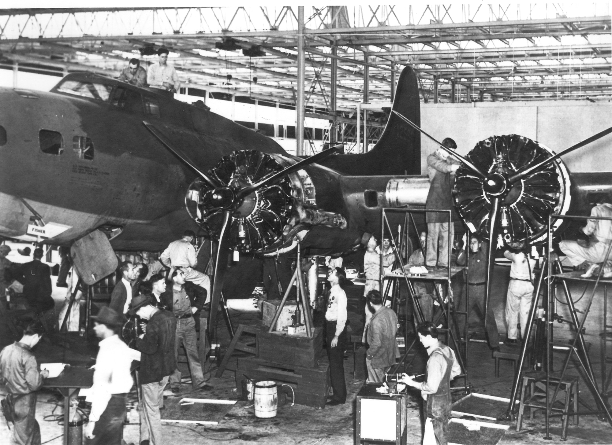 Workers on a B-17 modification, circa 1942. (Photo courtesy of Tinker History Office)