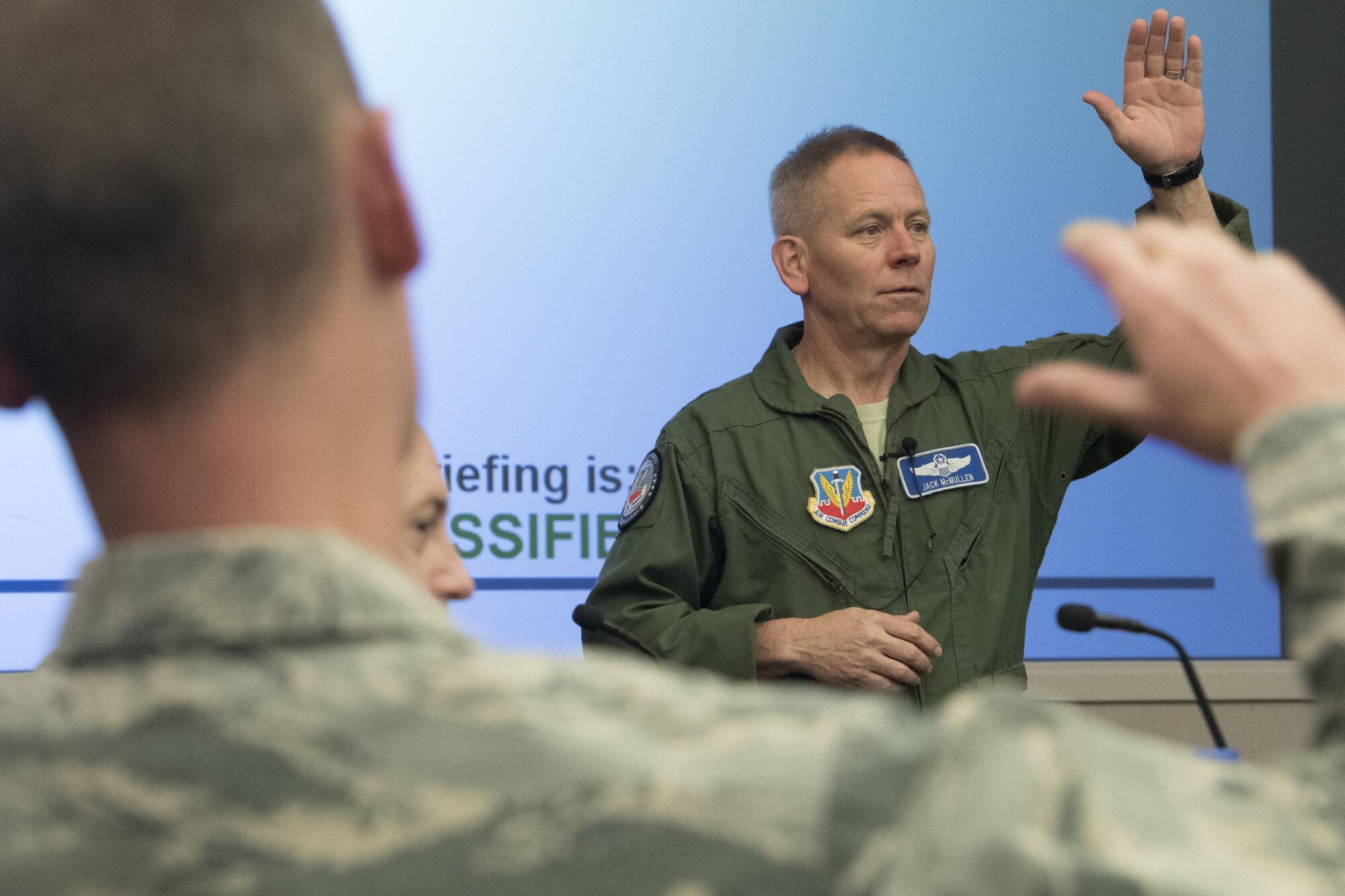 Maj. Gen. John K. McMullen, vice commander, Air Combat Command, speaks during an annual weather conference at Joint Base Langley-Eustis, March 13, 2017. The purpose of the conference was to shape the future of the weather force by discussing topics that affect the worldwide areas in the Air Force. Additionally, it gave leaders an opportunity to brainstorm solutions to rising concerns in the career field. (U.S. Air Force photo by Staff Sgt. Nick Wilson)