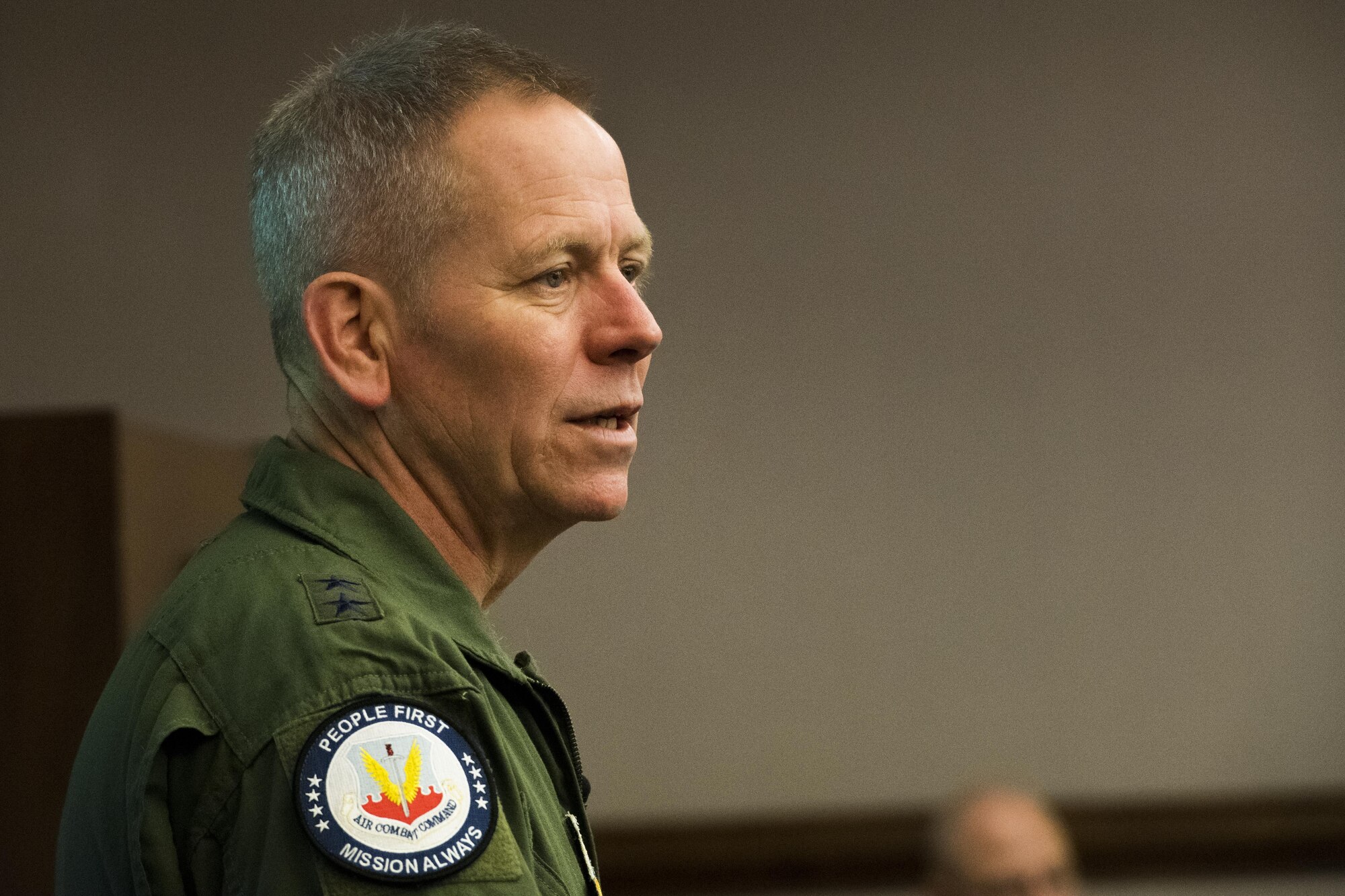 Maj. Gen. John K. McMullen, vice commander, Air Combat Command, speaks during an annual weather conference at Joint Base Langley-Eustis, March 13, 2017. The purpose of the conference was to shape the future of the weather force by discussing topics that affect the worldwide areas in the Air Force. Additionally, it gave leaders an opportunity to brainstorm solutions to rising concerns in the career field. (U.S. Air Force photo by Staff Sgt. Nick Wilson)