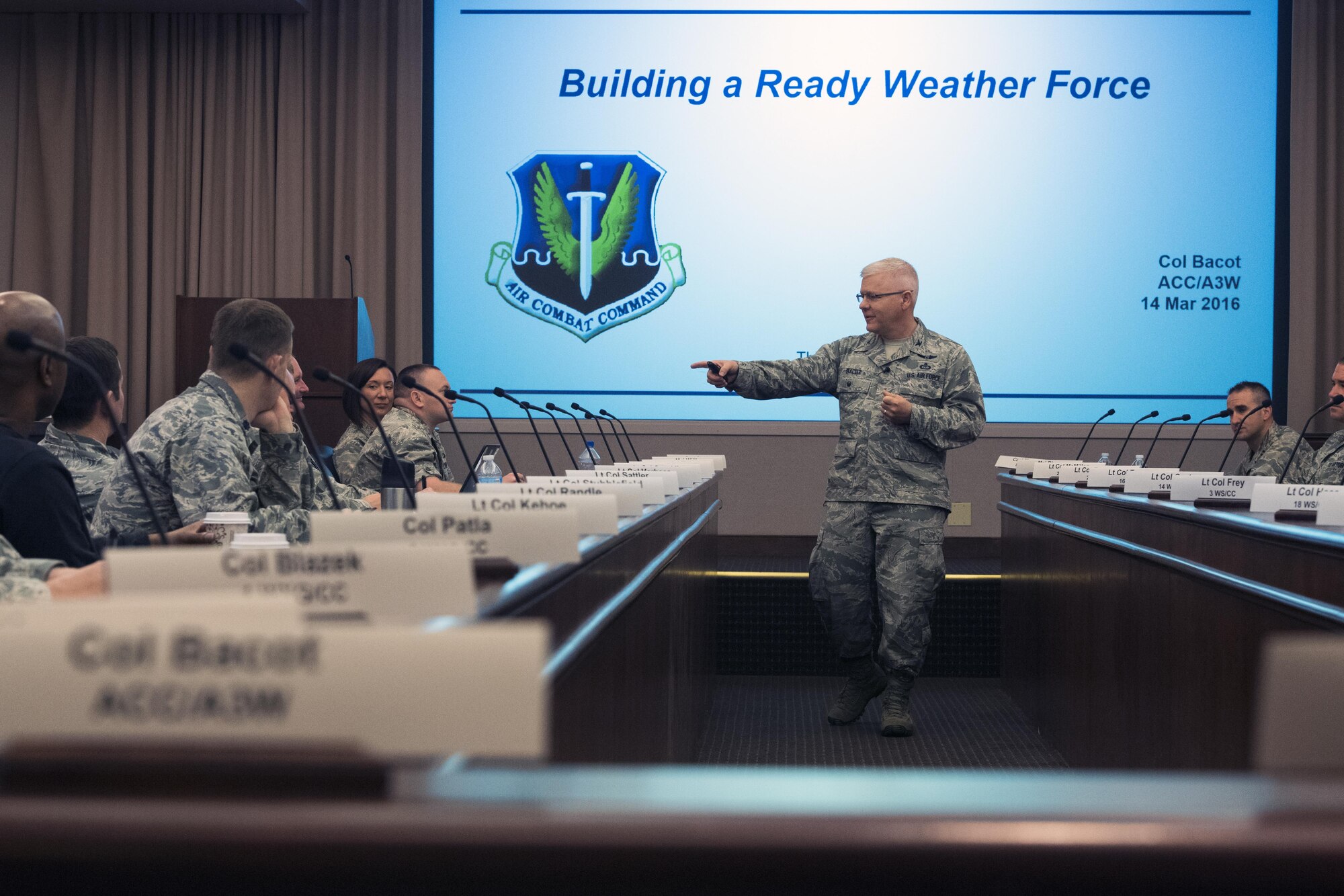 Col. David Bacot, Air Combat Command chief of weather operations, speaks during an annual weather conference at Joint Base Langley-Eustis, March 13, 2017. The purpose of the conference was to shape the future of the weather force by discussing topics that affect the worldwide areas in the Air Force. Additionally, it gave leaders an opportunity to brainstorm solutions to rising concerns in the career field. (U.S. Air Force photo by Staff Sgt. Nick Wilson)