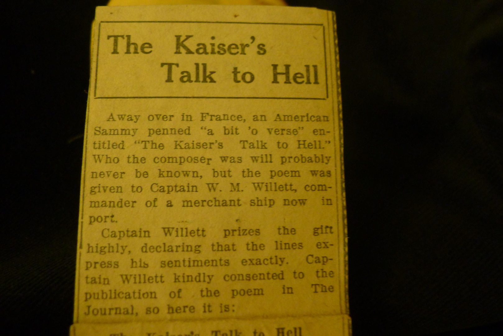 A folded comedic poem printed on the back of a water-department flyer was in Leon Bell's wallet. The poem depicts Kaiser Wilhelm using the telephone to call Satan for advice on how to do better against the American forces.