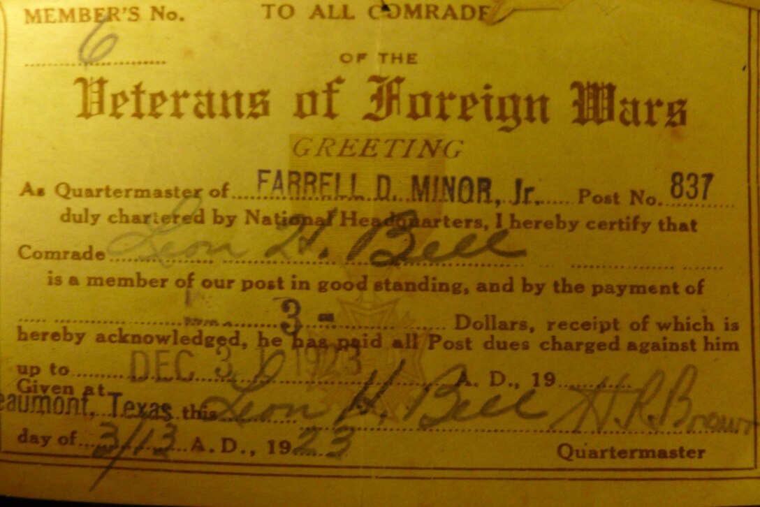 VFW membership card from 1923, identifying Leon Bell as member no. 6 in the Beaumont, Texas post, having paid his $3 dues for the year.