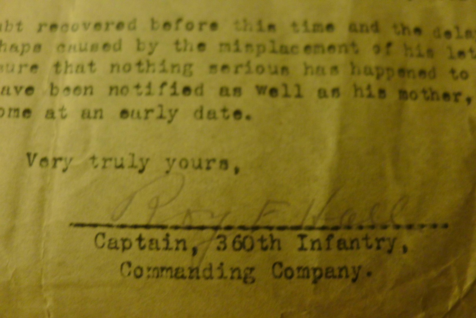 January 1919 letter from Capt. Roy F. Hall, commander of the 360th Regiment to Sgt. Bell’s half-sister Lassie, informing him that although the Army does not know where Bell is, it assumes he is on the way home from the war. In fact, he was already home, having arrived at Camp Mills on Long Island, New York. (Hall later became mayor of McKinney, Texas.)