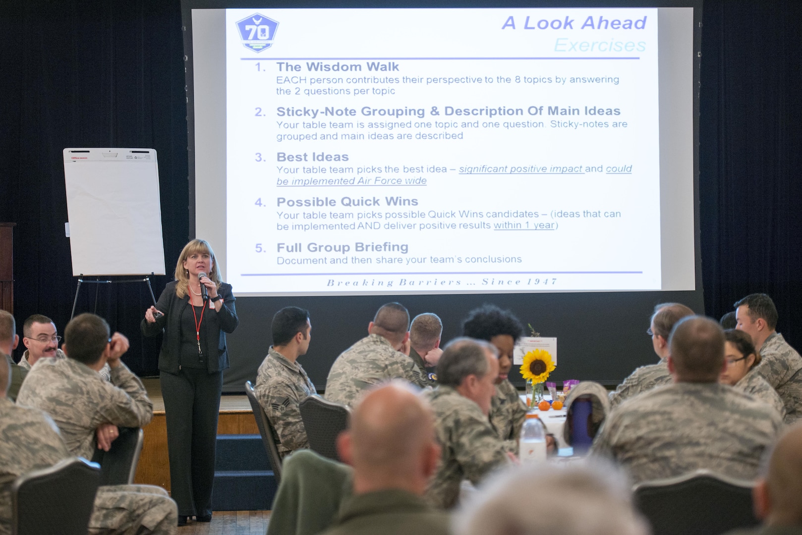 Wendi Peck, Chief of Staff of the Air Force focus group facilitator, instructs the group on how give inputs on revitalizing squadrons at Joint Base San Antonio-Randolph Mar. 16, 2017. Focus groups are being held at 23 bases across the Air Force throughout 2017 to support the initiative. (U.S. Air Force Photo by Sean M. Worrell) 