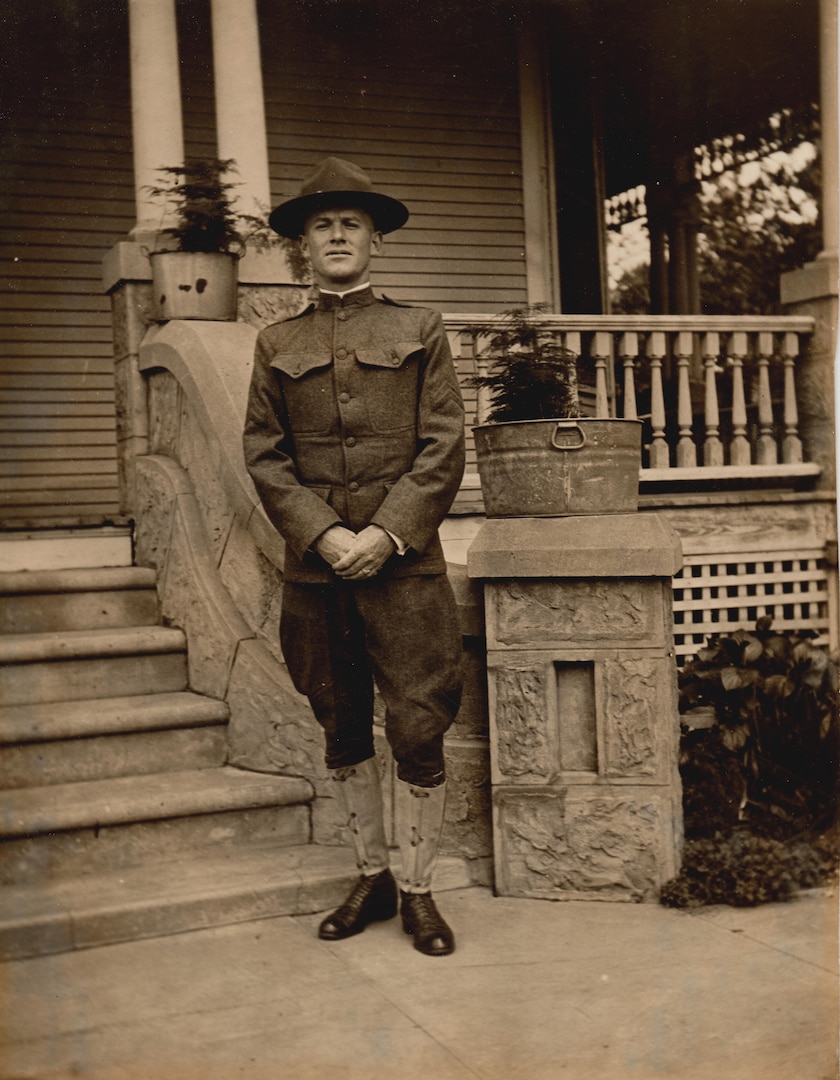 Army Sgt. Leon H. Bell in 1919, after returning from World War I, at the home of his half-sister Lassie and brother-in-law, F.E. Carroll, Park Street, Beaumont, Texas. The U.S. Army continued to issue this uniform into the early days of World War II. DLA Troop Support now supplies all uniforms to U.S. military service members.