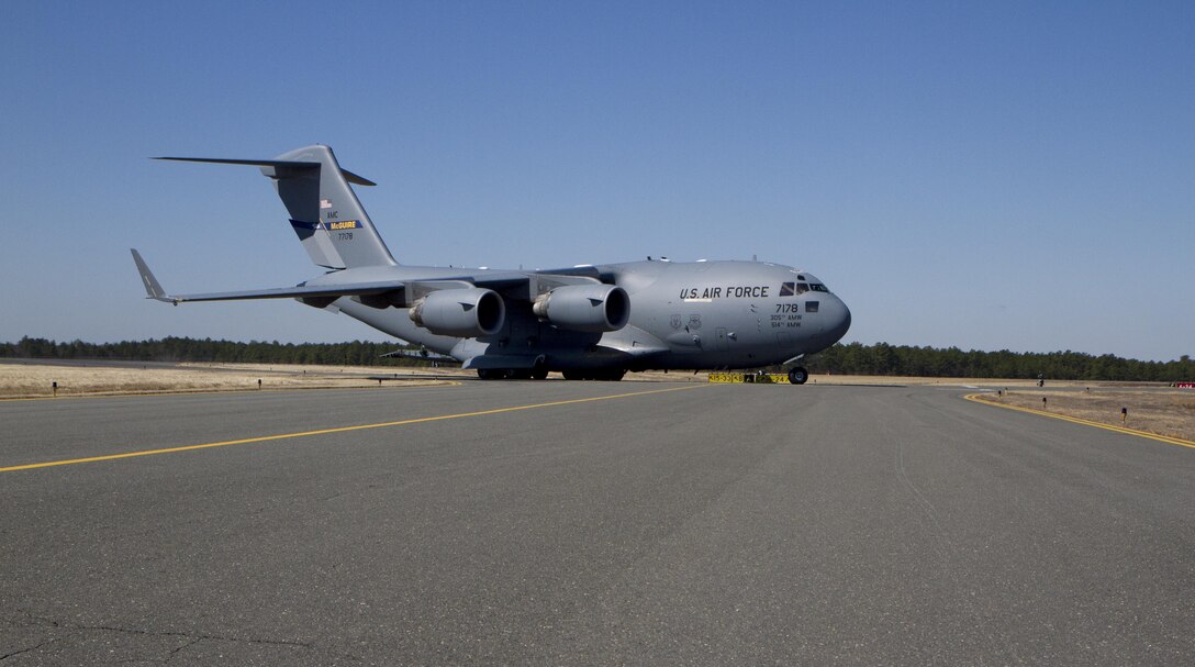 An Air Force C-17 Globemaster taxis on the runway at Lakehurst Maxfield Field, N.J., Mar 19, 2017, during Warrior Exercise 78-17-01. WAREX 78-17-01 is an important step in building the most capable, combat-ready and lethal force in history. (U.S. Army Reserve photo by Staff Sgt. George F. Gutierrez, 201st Press Camp Headquarters/ Released)