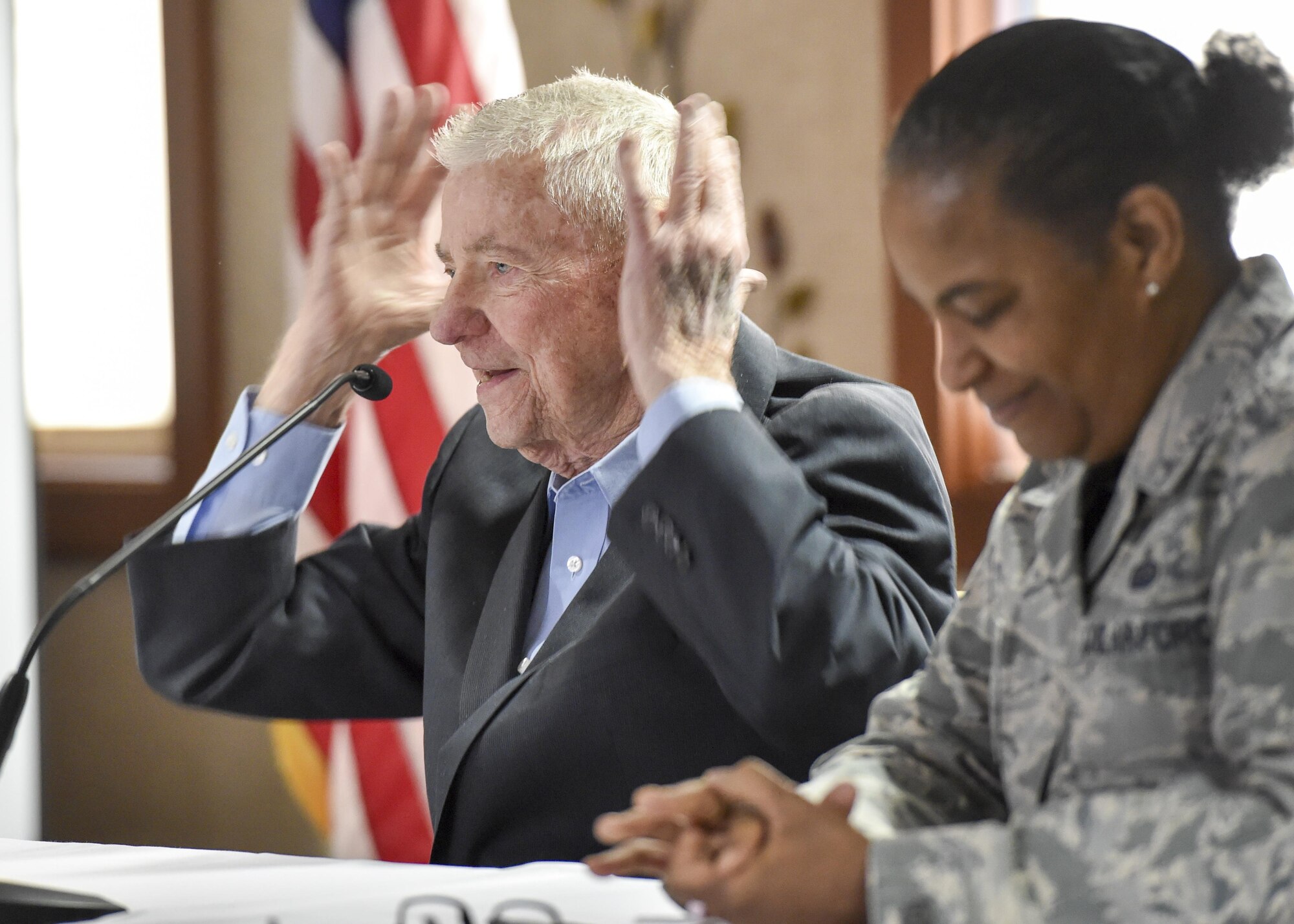 Retired Chief Master Sergeant of the Air Force Robert Gaylor addresses the audience at an enlisted leadership workshop here March 3, 2017. YARS welcomed 82 noncommissioned officers (NCOs) and senior NCOs to a three-day Enlisted Leadership Workshop March 1-3, 2017. The goal of the workshop was to present the Airmen information on things they may not have heard about before like the new blended retirement system and to give them new information about other topics like enlisted performance reports, fitness and special duty assignments. (U.S. Air Force photo/Eric White)