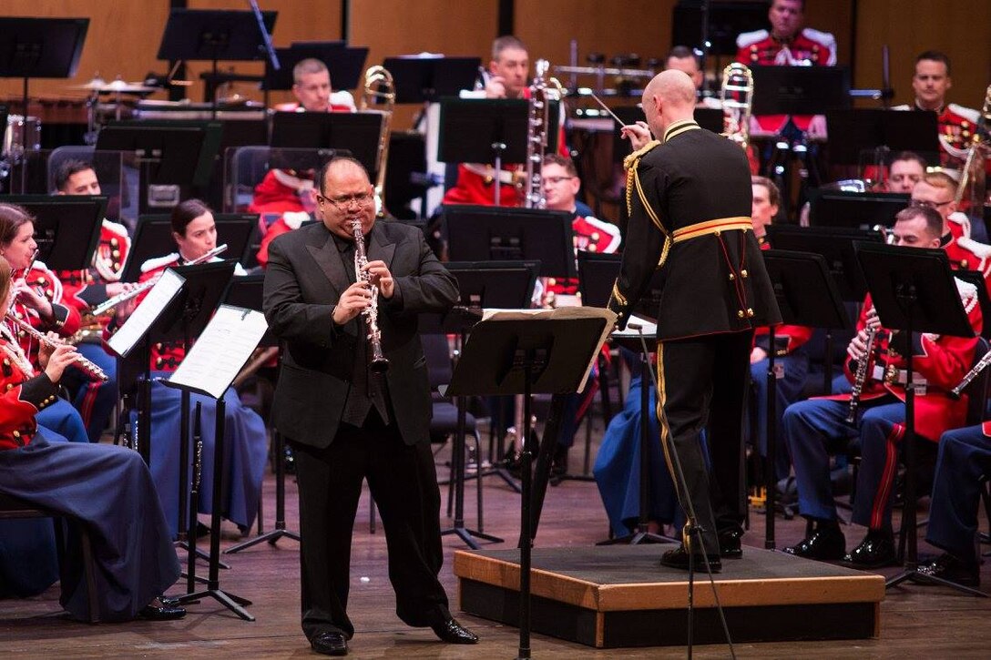 The Marine Band performed the concert "An American Parable" on Sunday, March 19, at Northern Virginia Community College's Schlesinger Concert Hall in Alexandria, Va., featuring guest soloist Ricardo Morales performing Jonathan Leshnoff's Clarinet Concerto and the world premiere of Jacob Bancks' Occidental Symphony. (U.S. Marine Corps photo by Gunnery Sgt. Brian Rust/released)