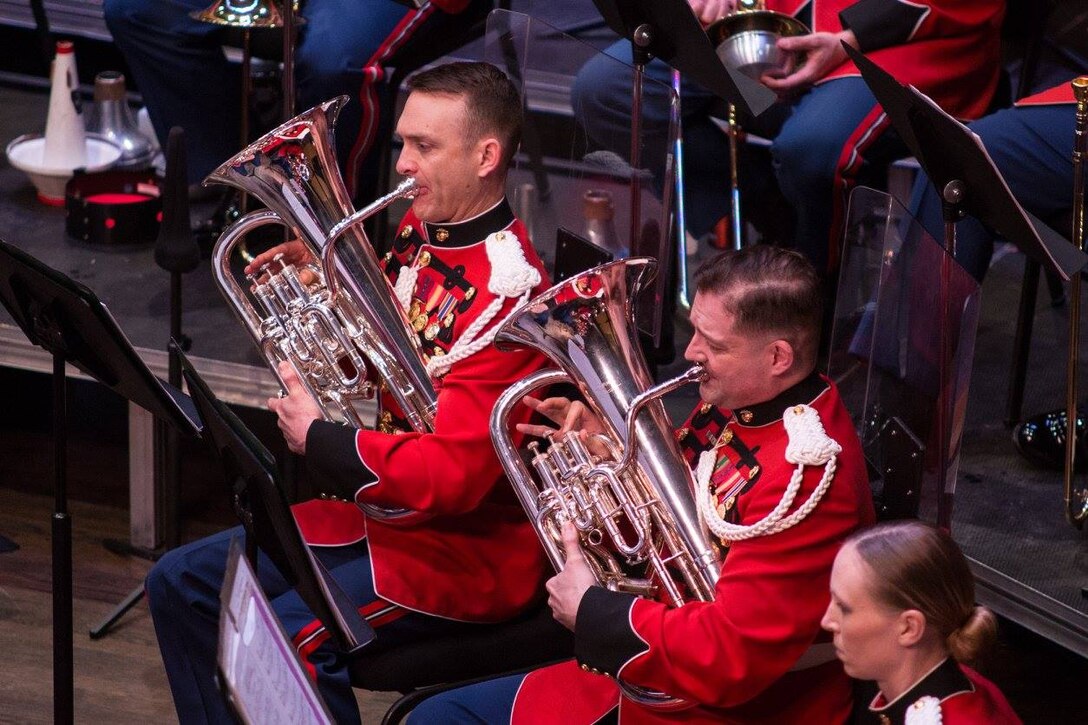 The Marine Band performed the concert "An American Parable" on Sunday, March 19, at Northern Virginia Community College's Schlesinger Concert Hall in Alexandria, Va. Pictured left to right: Jacob Bancks, Jonathan Leshnoff, Lt. Col. Jason K. Fettig, Ricardo Morales (U.S. Marine Corps photo by Gunnery Sgt. Brian Rust/released)