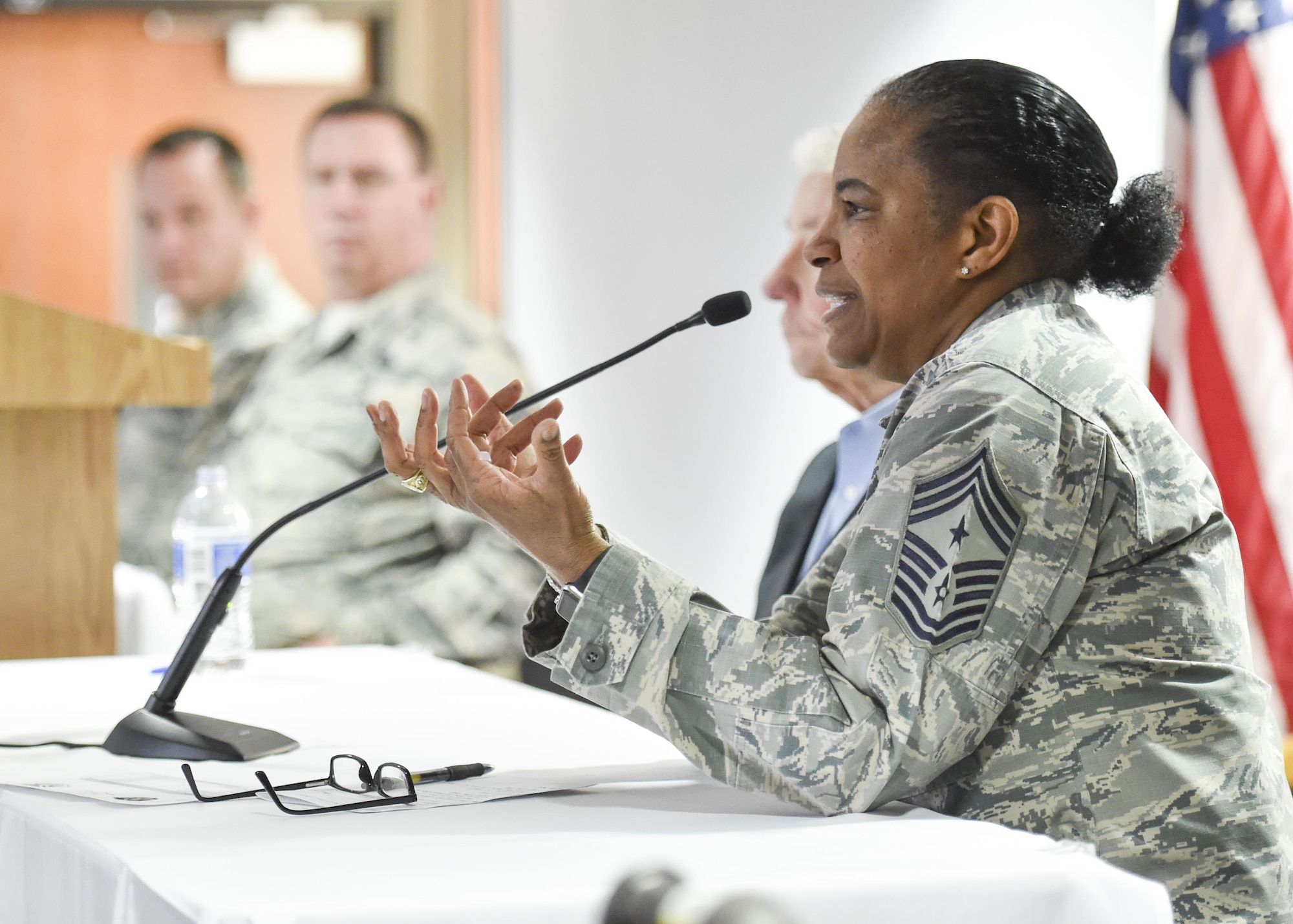 Chief Master Sgt. Shelina Frey, Command Chief Master Sgt. for Air Mobility Command, Scott Air Force Base, Illinois, addresses the audience at an enlisted leadership workshop here March 3, 2017. YARS welcomed 82 noncommissioned officers (NCOs) and senior NCOs to a three-day Enlisted Leadership Workshop March 1-3, 2017. The goal of the workshop was to present the Airmen information on things they may not have heard about before like the new blended retirement system and to give them new information about other topics like enlisted performance reports, fitness and special duty assignments. (U.S. Air Force photo/Eric White)