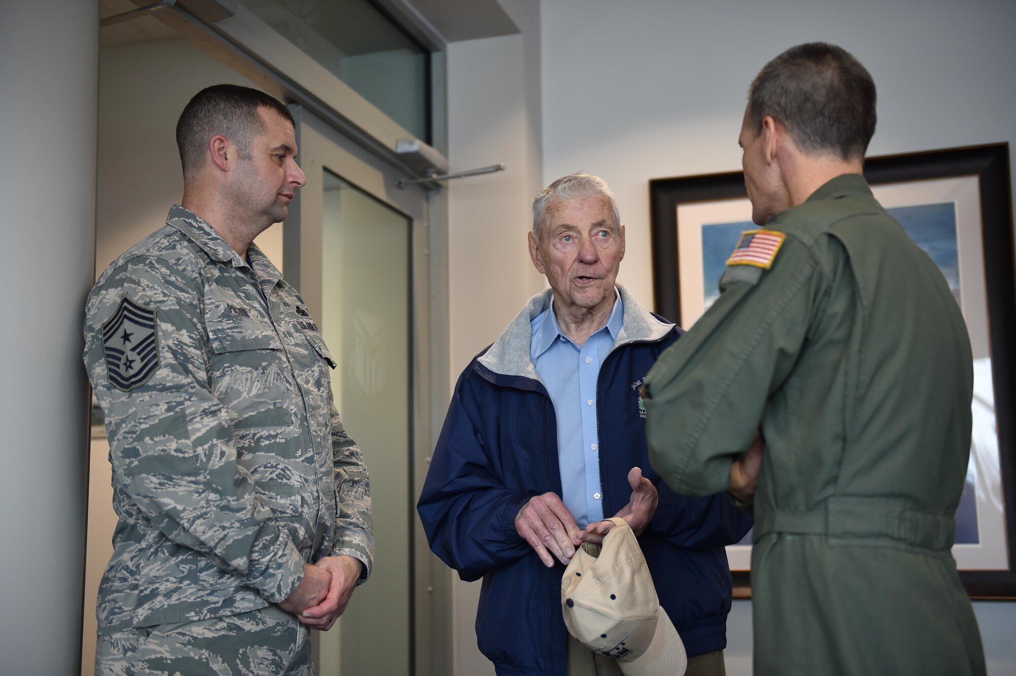 910th Airlift Wing Command Chief Master Sgt. Bob Potts (left) introduces retired Chief Master Sergeant of the Air Force Robert Gaylor (center) to 910th Airlift Wing Commander Col. Dan Sarachene here, March 3, 2017. Gaylor visited Youngstown Air Reserve Station to speak at an enlisted leadership workshop and serve as the guest speaker at the Annual Awards Banquet held here March, 4.(U.S. Air Force photo/Eric White)